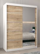Schiebetürenschrank / Kleiderschrank Jan 03B mit Spiegel, Farbe: Weiß matt / Eiche Sonoma - Abmessungen: 200 x 150 x 62 cm ( H x B x T)