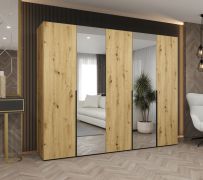 Drehtürenschrank mit zwei Spiegeltüren Eiger 89, Farbe: Eiche Artisan, 2,5 Meter breit, Griffe: Schwarz, drei Kleiderstangen, Kleiderschrank, drei Fächer