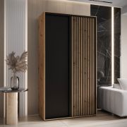 Schiebetürenschrank Mina in Schwarz/Eiche, Front aus laminierter Platte,  Anti Staubbürsten, Metallgriffe in schwarz, 235,2 x 130 x 60 cm, platzsparend