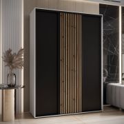 Schiebetürenschrank Mina in Schwarz/Weiß, Front aus laminierter Platte, Anti Staubbürsten, schwarze Metallgriffe, platzsparend, 235,2 x 180 x 60 cm