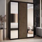 Schwarzer Schiebetürenschrank Mina mit Spiegel, auch für Wohnzimmer geeignet, Schwarzer Metallgriff, viel Stauraum, Anti Staubbürsten, 235,2 x 170 x 60 cm