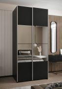 Kleiderschrank / Schiebetürenschrank | 2 Kleiderstangen | Farbe: Schwarz | 2 Schiebetüren | Spiegel | Soft-Close | 245,5 x 100 x 64 cm | 6 Fächer