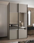 Kleiderschrank / Schiebetürenschrank | Farbe: Kaschmir | 2 Schiebetüren | Soft-Close | 245,5 x 130 x 64 cm | Spiegel | 2 Kleiderstangen | 6 Fächer