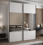 Kleiderschrank / Schiebetürenschrank | Soft-Close | 2 Kleiderstangen | 245,5 x 200 x 64 cm | 11 Fächer | 2 Schiebetüren | Farbe: Weiß | Spiegel