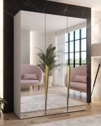 Kleiderschrank | Farbe: Kaschmir | 3 Spiegeltüren | 2 Fächer | 2 Kleiderstangen | Maße: 150 x 52 x 202 cm | Griffe: Gold | Soft-Close-Funktion | ABS-Kantenschutz