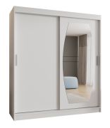 Kleiderschrank mit einer Spiegeltür Musala 14, Farbe: Weiß, 1,8 Meter breit, Aluminiumschienen, 10 Fächer, Schiebetürenschrank, zwei Kleiderstangen