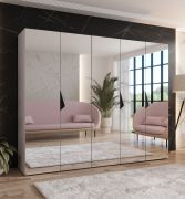 Drehtürenschrank / Kleiderschrank | Farbe: Kaschmir | 3 Fächer | Soft-Close | Griffe: Schwarz | Schlafzimmerschrank mit Spiegel | Maße: 250 x 52 x 202 cm | ABS-Kanten