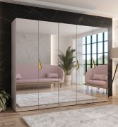 Drehtürenschrank / Kleiderschrank | Farbe: Kaschmir | 3 Fächer | Soft-Close | Griffe: Gold | Schlafzimmerschrank mit Spiegel | Maße: 250 x 52 x 202 cm | ABS-Kanten