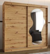 Kleiderschrank Lagginhorn 17, Farbe: Eiche Artisan, 2 Meter breit, ein Spiegel, 10 Fächer, Schiebetürenschrank, zwei Kleiderstangen, Aluminiumschienen