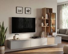Wohnwand | Push-to-open Funktion | inkl. Integrierter LED-Beleuchtung | Farbe: Arctic Grau / Eiche Cremona | 240 x 40 x 160 cm | 1 Vitrine | 4 TV-Unterschränke