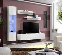 Wohnwand mit LED-Beleuchtung Hompland 70, Farbe: Weiß - Abmessungen: 170 x 210 x 40 cm (H x B x T), mit Push-to-open Funktion