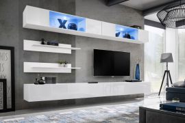 Wohnzimmer Wohnwand Hompland 93, Farbe: Weiß - Abmessungen: 180 x 320 x 40 cm (H x B x T), mit blauer LED-Beleuchtung