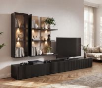 Wohnwand | 3 Meter lang | Farbe: Schwarz / Eiche Vicking | geriffelte Front | inkl. Integrierte LED-Beleuchtung | 1 Vitrine | 2 Wandregale | 300 x 45 x 160 cm