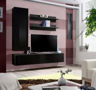 Wohnwand hängend Hompland 76, Farbe: Schwarz - Abmessungen: 170 x 160 x 40 cm (H x B x T), mit Push-to-open Funktion