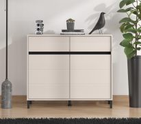 Kommode | 2 Drehtüren | Farbe: Kaschmir | 4 Fächer | Maße: 106 x 40 x 90 cm | ABS-Kanten | modernes Design | Beine: Schwarz | 2 Schubladen