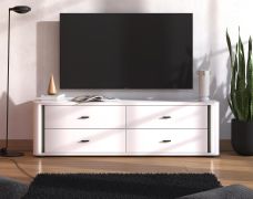 TV-Unterschrank | 4 Schubladen | Farbe: Opak Weiß | inkl. LED-Beleuchtung | TV-Möbel | Maße: 176,5 x 40 x 52 cm | Griffe: Schwarz | ABS-Kanten