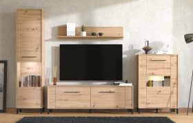 Wohnwand | getöntes Glas | Farbe: Eiche Artisan | 2 Vitrinen | 1 TV-Unterschrank | 1 Wandregal | Maße: 279 x 40 x 192,5 cm | Griffe & Beine: Metall