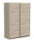 Kleiderschrank mit zwei Schiebetüren Liganga 03, Farbe: Eiche Sonoma, Melaminbeschichtet, Maße: 203 x 148 x 60 cm, zwei Kleiderstangen, zwei Fächer