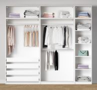 Offener Kleiderschrank | 3 Kleiderstangen | Farbe: Weiß | 4 Innenschubladen | 8 Fächer | Maße: 256,5 x 55 x 234 cm | 4 Holzeinlegeböden | für Ankleidezimmer