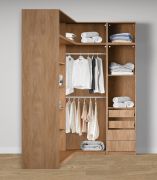 Offener Eckkleiderschrank | 4 Schubladen | 10 Fächer | Farbe: Eiche Puccini | 2 Kleiderstangen | 5 Holzeinlegeböden | Maße: 108,5 x 55 x 234 cm | für Schlafzimmer