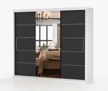 2,5 Meter breiter Kleiderschrank / Schiebetürenschrank mit Spiegel Weiß / Schwarz | Cevennen 09 | 218 x 250 x 61 cm | 3 Türen | 12 Fächer | Zweifarbig