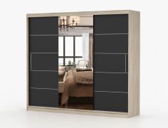 Schiebetürenschrank 2,5 Meter breit / Kleiderschrank | Cevennen 12 | Eiche / Schwarz | mit Spiegel | 12 Fächer | 3 Türen | 218 x 250 x 61 cm
