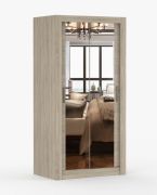 Kleiderschrank / Schiebetürenschrank | Biokovo 02 | Eiche | mit Spiegel | 7 Fächer | 2 Türen | 200 x 100 x 64 cm | Einfarbig | Griffe silberfarben