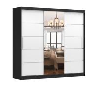 Schiebetürenschrank / Kleiderschrank mit Spiegel | 218 x 233 x 61 cm | Weiß / Schwarz | Gorski 58 | 2 Türen | 12 Fächer | viel Stauraum | eckig