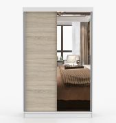 Schiebetürenschrank / Kleiderschrank Sonoma Eiche / Weiß | Rudawy 04 | 200 x 120 x 61 cm | 2 Türen | mit Spiegel | 6 Fächer | 1 Kleiderstange
