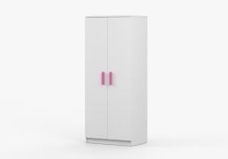 Kleiderschrank  / Drehtürenschrank | Weiß | Smolikas 66 | 2 Türen |1  Kleiderstange | Holzgriffe in rosa | 5 Fächer | 192 x 80 x 50 cm | eckig
