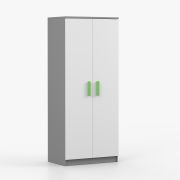 Kleiderschrank / Drehtürenschrank | Weiß / Grau | Smolikas 60 | 2 Türen | 192 x 80 x 50 cm | grüne Holzgriffe | 5 Fächer | 1 Kleiderstange