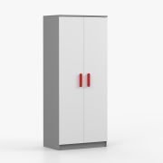 Kleiderschrank  / Drehtürenschrank | Weiß / Grau | Smolikas 61 | 2 Türen | 1 Kleiderstange | 192 x 80 x 50 cm | rote Holzgriffe | 5 Fächer | eckig