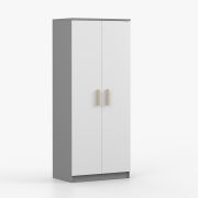 Kleiderschrank  / Drehtürenschrank | Smolikas 63 | Weiß / Grau | 2 Türen | 192 x 80 x 50 cm | braune Holzgriffe | 5 Fächer | 1 Kleiderstange