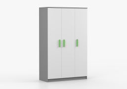 1,2 Meter breiter Kleiderschrank / Drehtürenschrank | 192 x 120 x 50 cm | Weiß / Grau | Holzgriffe | Smolikas 111 | 3 Türen | 9 Fächer | Kleiderstange