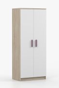 Drehtürenschrank / Kleiderschrank  | 192 x 80 x 50 cm | Weiß / Sonoma Eiche | Smolikas 54 | 2 Türen | Kleiderstange | 5 Fächer | violette Holzgriffe