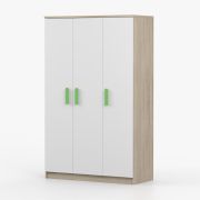 Kleiderschrank / Drehtürenschrank | 192 x 120 x 50 cm | Kleiderstange | Holzgriffe | Smolikas 103 | Weiß / Sonoma Eiche | 9 Fächer | 3 Türen