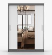 Kleiderschrank / Schiebetürenschrank | Weiß / Grau | Bucegi 03 | mit Spiegel | 2 Türen | Griffe Aluminium | 200 x 150 x 61 cm | Kleiderstange