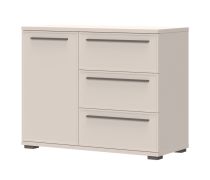 Schlichte Kommode mit drei Schubladen Neiafu 94, Farbe: Kaschmir, Maße: 85 x 107 x 45 cm, eine Tür, zwei Einlegeböden, Soft-Close-Funktion, sehr stabil