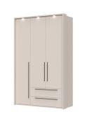 Dreitüriger Kleiderschrank mit LED-Rahmen Neiafu 63, zwei Schubladen, Farbe: Kaschmir, Soft-Close-Funktion, Maße: 226 x 142 x 60 cm, zwei Kleiderstangen