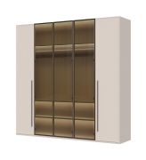 Großer Kleiderschrank mit drei Glastüren Neiafu 15, Farbe: Kaschmir, Maße: 224 x 227 x 56 cm, inkl. Innenbeleuchtung, Soft-Close-Funktion, drei Kleiderstangen