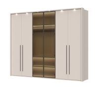 Kleiderschrank mit zwei Glastüren und LED-Rahmen Neiafu 76, Farbe: Kaschmir, drei Kleiderstangen, neun Einlegeböden, Maße: 224 x 272 x 56 cm