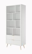 Bücherregal | Weiß | 8 Fächer | Maße: 194 x 88 x 38 cm | genügend Stauraum | Lamellen Front | 2 Schubladen | modernes und einfaches Design