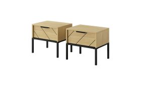 Zwei Nachtkommoden mit jeweils einer Schublade Damous 04, Farbe: Eiche Scandi / Schwarz - Abmessungen: 41 x 46,5 x 35 cm (H x B x T)
