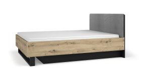 Doppelbett / Gästebett inklusive Lattenrost mit Hebemechanismus Galatsi 06, Farbe: Schwarz mit Holzstruktur / Eiche Artisan, Liegefläche: 160 x 200 cm, gepolstertes Kopfteil