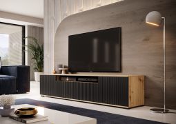 Elegantes TV-Möbel mit geriffelter Front Cienequillas 03, Farbe: Eiche Artisan / Schwarz, mit niedrigen Beinen, Maße: 42 x 200 x 40 cm, modernes und einfaches Design