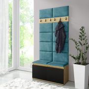 Garderobe 01 für etwa 8 Paar Schuhe | Artisan/Schwarz/Türkis | 215 x 100 x 40 cm | Polsterpaneele Sitzbank & Wand | 6 Kleiderhaken | 4 Fächer