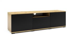 TV-Schrank / TV-Möbel vier Fächer Zapopan 101, Farbe: Eiche Artisan / Schwarz, Maße: 42 x 150 x 40 cm, Push-to-open Funktion, ein Kabelloch, für Wohnzimmer