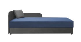 Tagesbett / Gästebett mit Kopfteil links Lobatos 19, Farbe: Grau / Blau, inkl. Kissen, ausklappbarer Stauraum, Liegefläche: 90 x 195 cm, für Gästezimmer