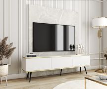 TV-Unterschrank / TV-Board mit drei Kipptüren Horsham 34, Farbe: Weiß, ABS-Kantenschutz, Push-to-open Funktion, hängend montierbar, für Wohnzimmer