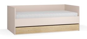 Tagesbett / Gästebett | Farbe: Beige / Eiche | inkl. Hublift Lattenrost | Liegefläche: 90 x 200 cm | Bettkasten für Bettwäsche | ABS-Kantenschutz